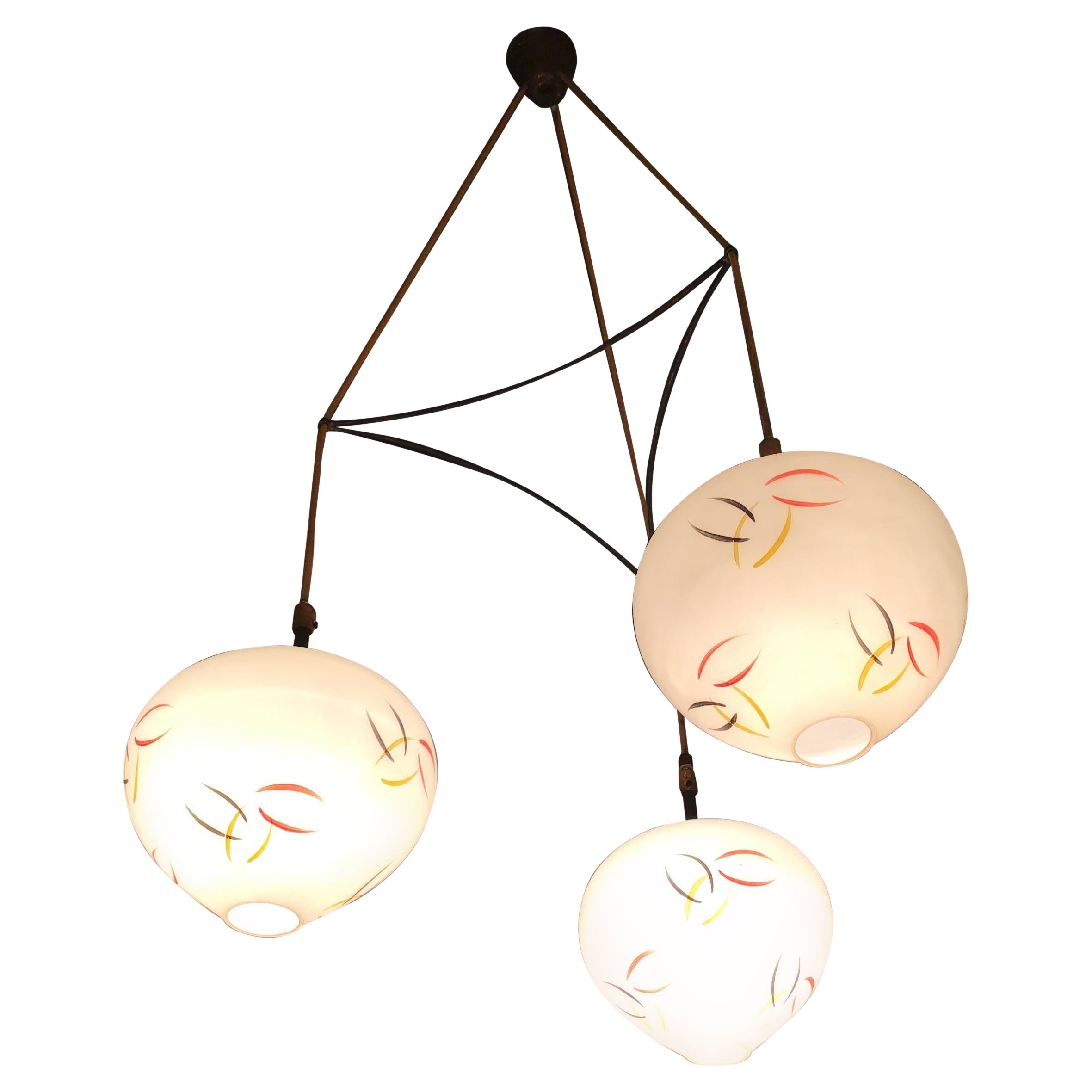 Attributed to Stilnovo Chandelier Brass Glass 1950 Italy
