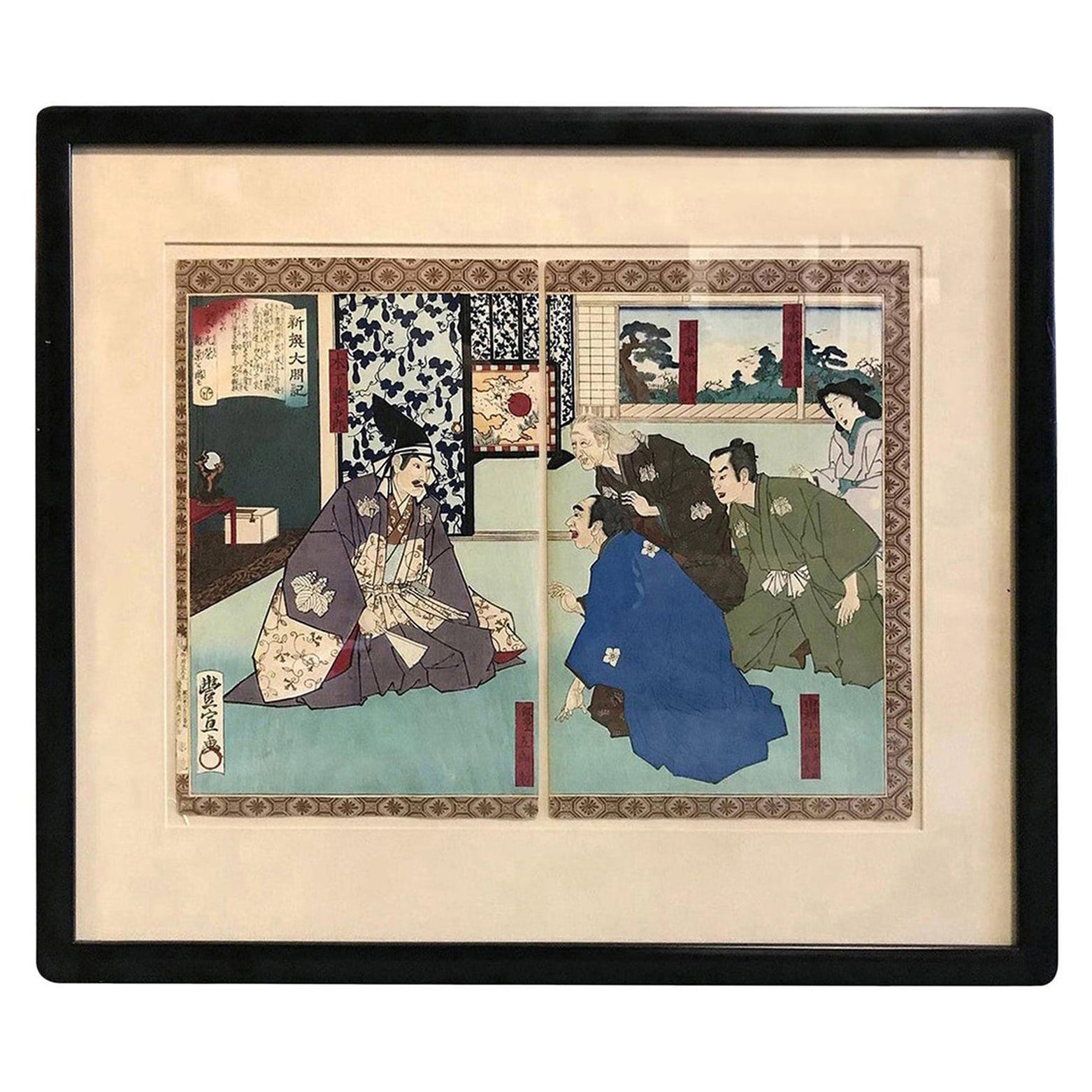Utagawa Toyonobu Shinsen Taikoki Japanischer Holzschnitt- Diptychondruck, 19. Jahrhundert im Angebot