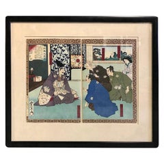 Utagawa Toyonobu Shinsen Taikoki Japanese Woodblock Diptych Print, 19th Century