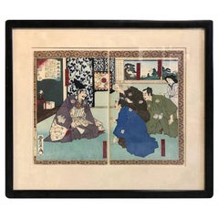 Utagawa Toyonobu Shinsen Taikoki Japanese Woodblock Diptych Print, 19th Century