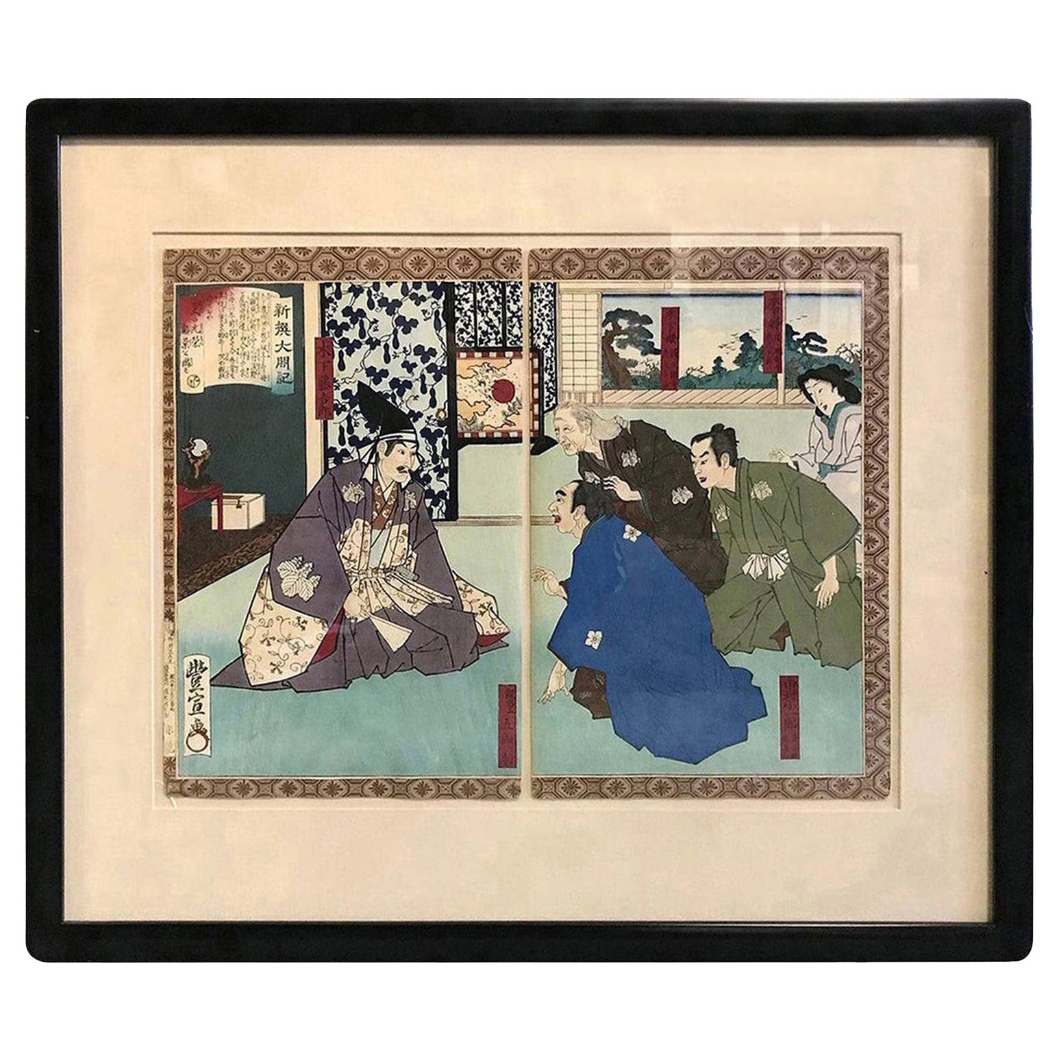 Toyonobu Utagawa Shinsen Taikoki Stampa dittico su legno giapponese, XIX secolo