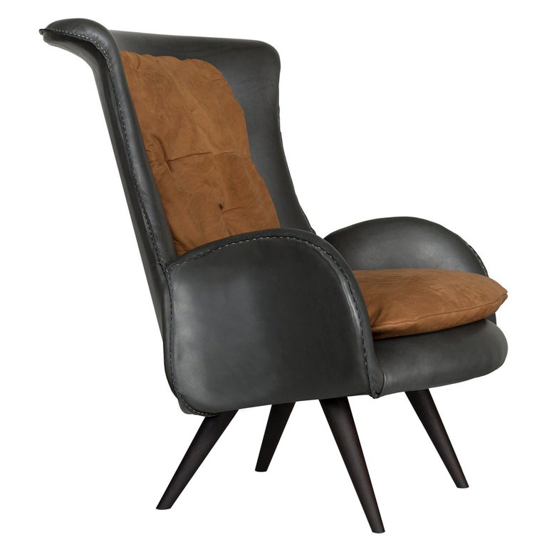 Barão Armchair Dark Green Leather Caramel Nubuck Leather Beech Dark