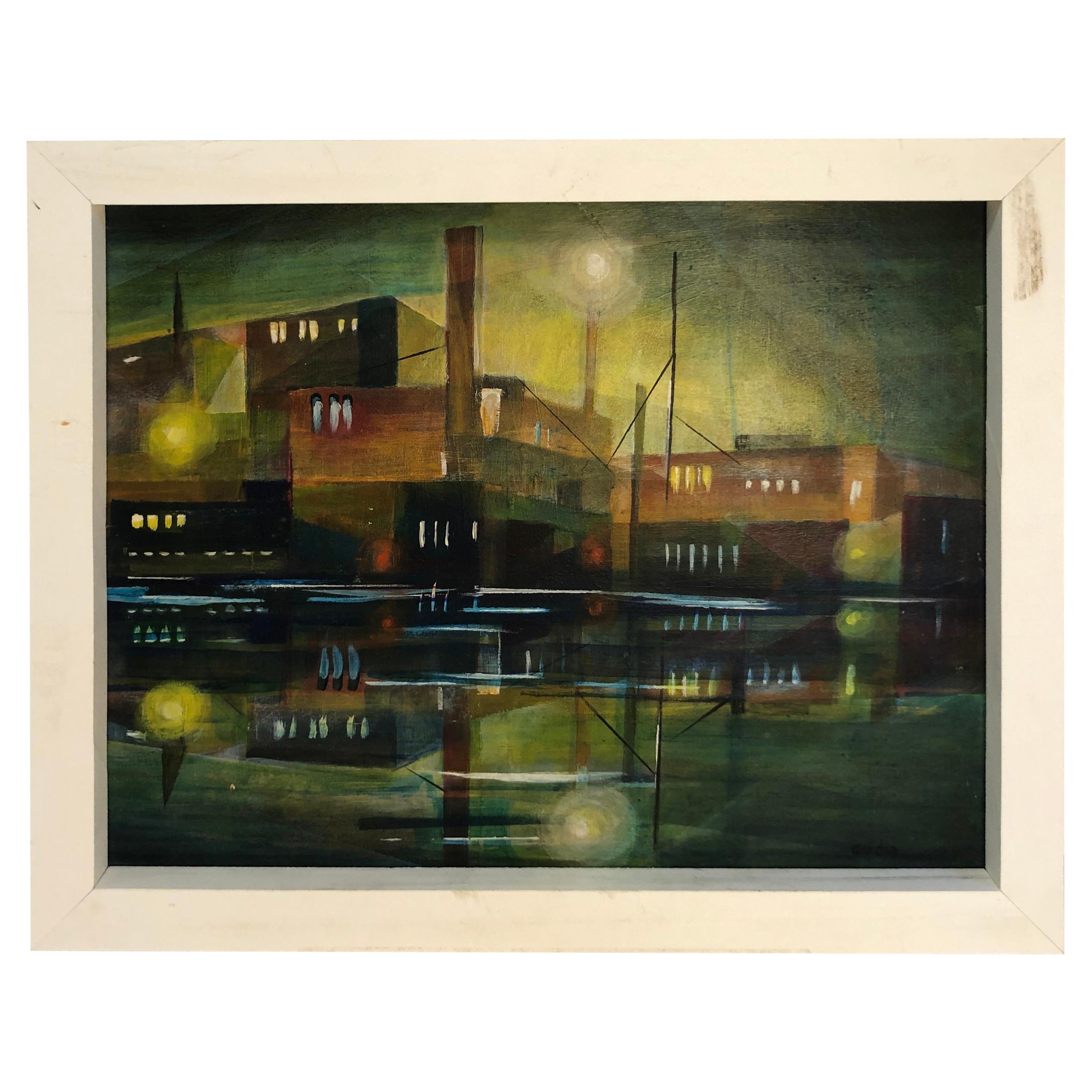 Mid Century Cubist Painting of an Industrial Building For Sale