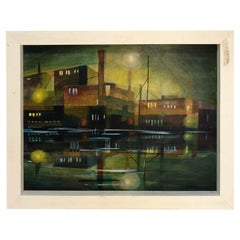 Mid Century Cubist Painting of an Industrial Building