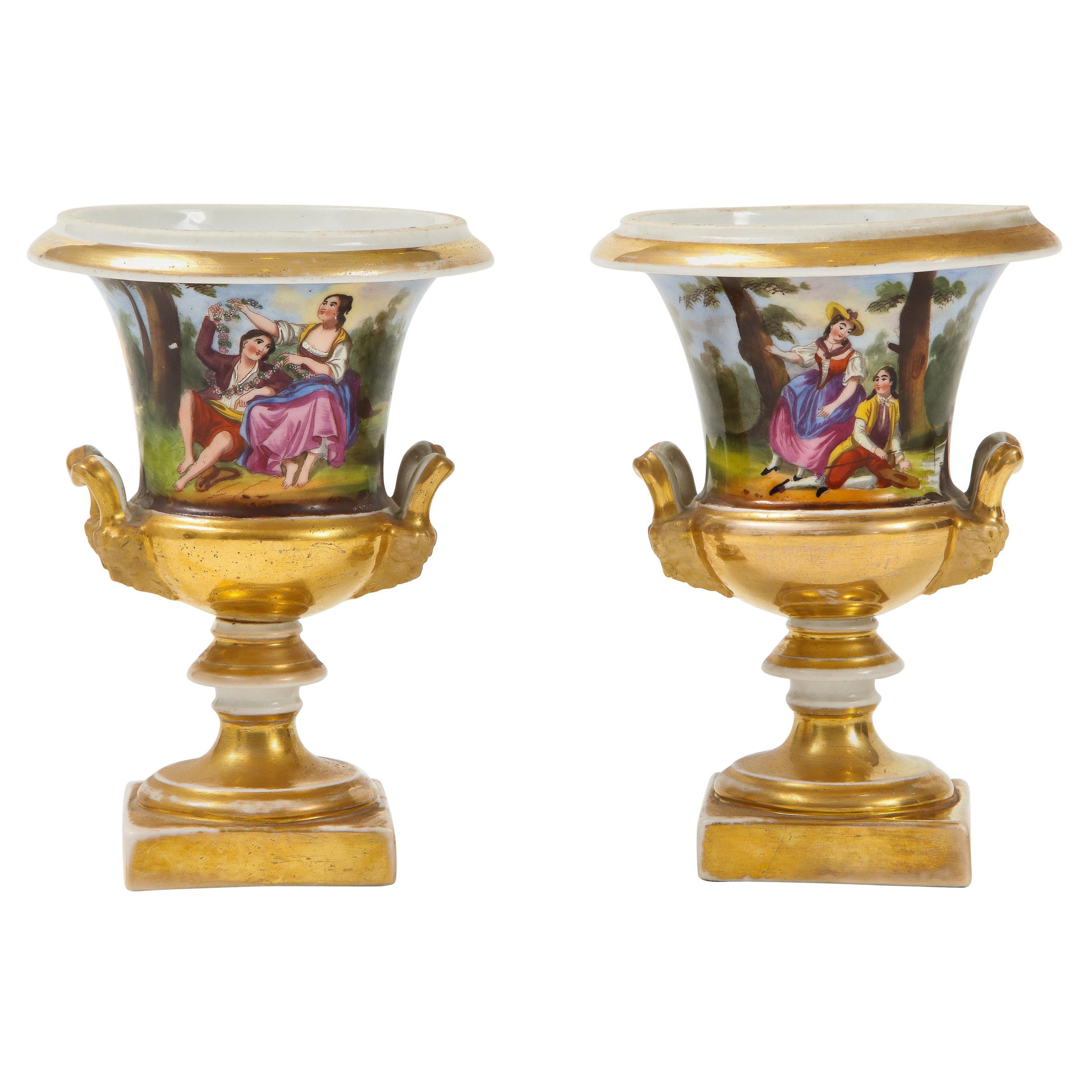 Pair of Hand Painted Porcelain Cache Pots For Sale at 1stDibs