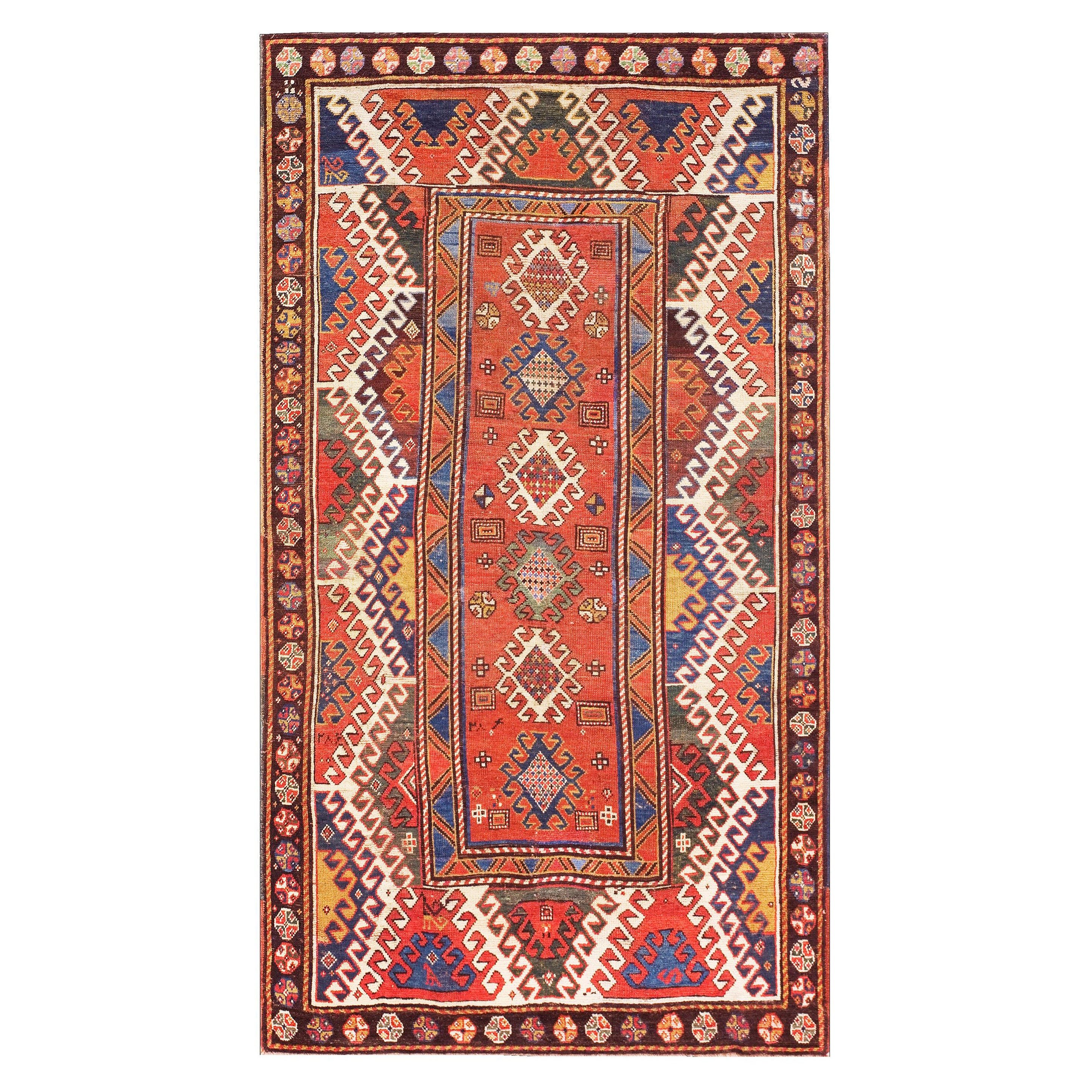 19th Century Caucasian Bordjalou Kazak Carpet ( 4'3" x 7'5" - 130 x 226 ) For Sale