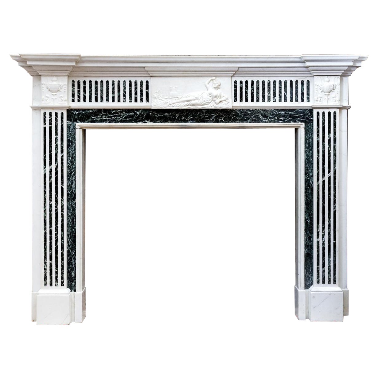 George III Style Statuary and Verde Antico Marble Fireplace Mantel