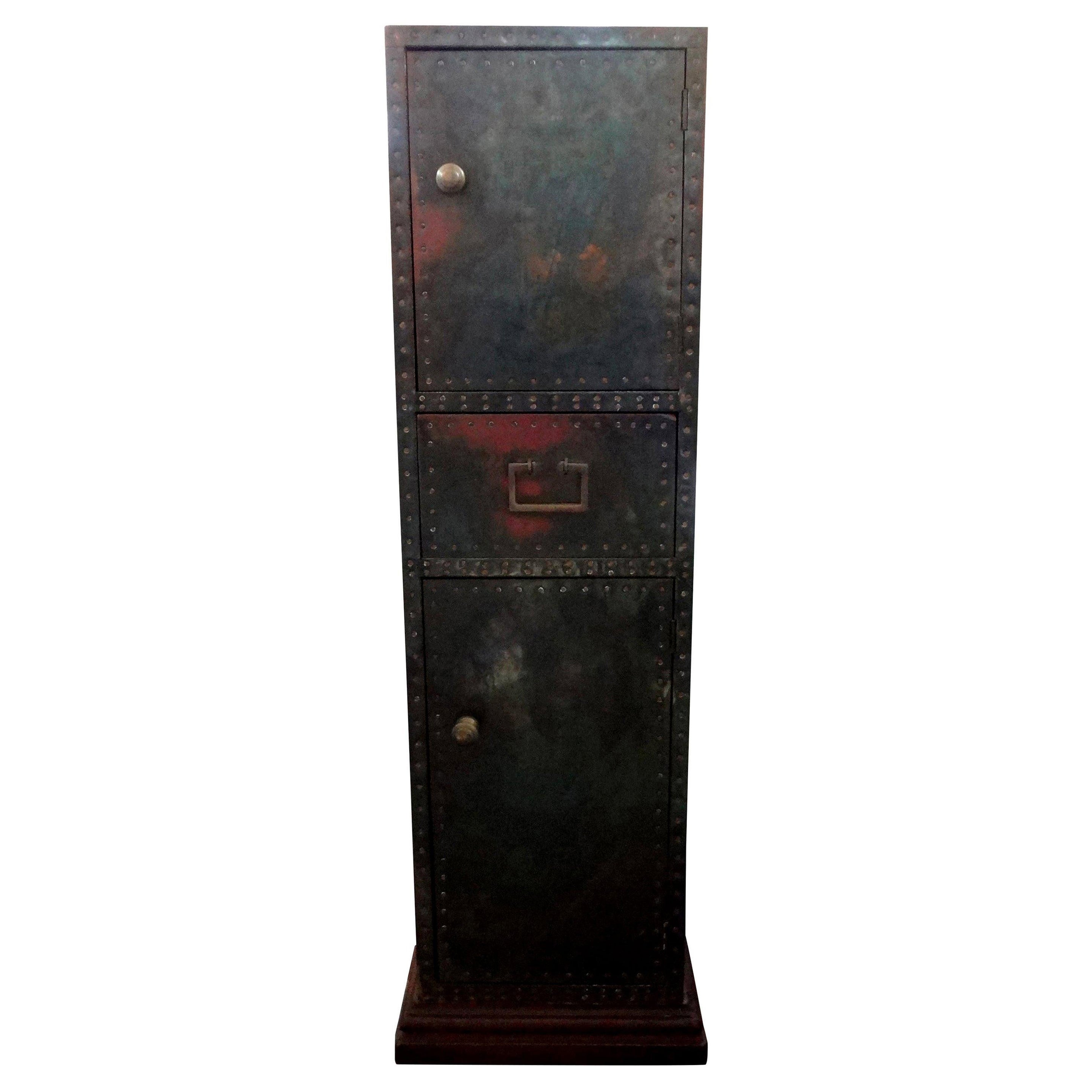 Sarreid Brass-Clad Pedestal Cabinet with Nailhead Detail