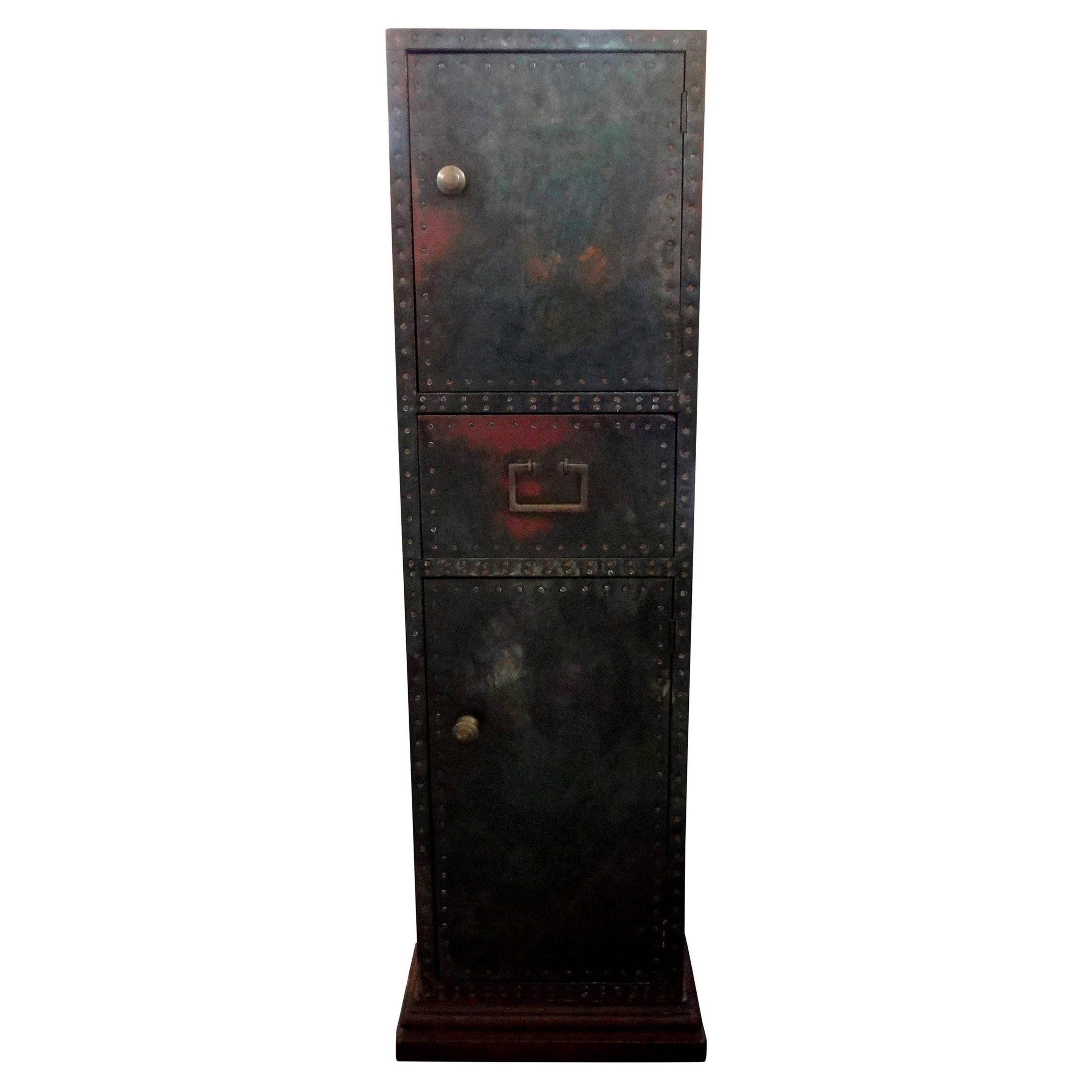Sarreid Brass-Clad Pedestal Cabinet with Nailhead Detail