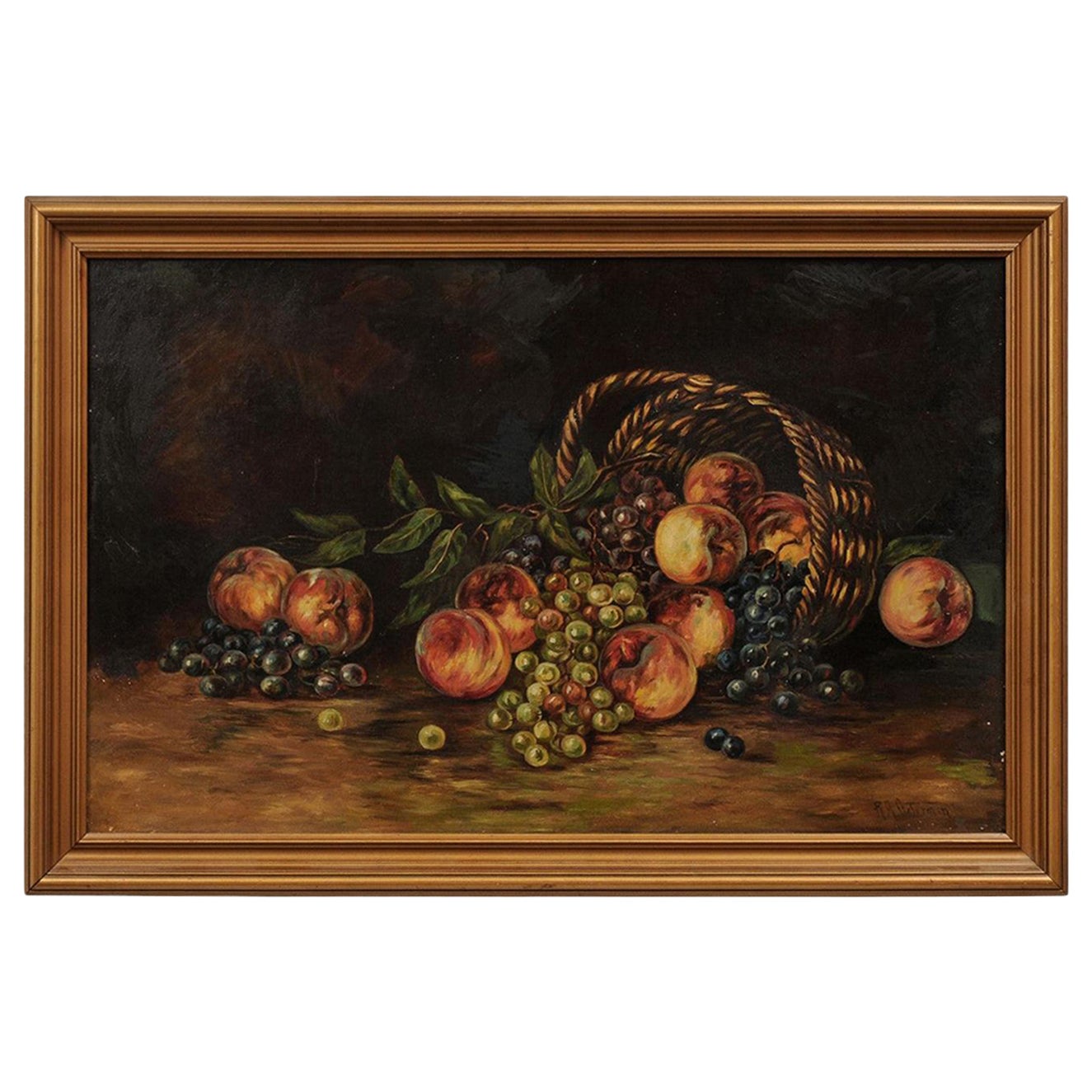 Peinture de nature morte américaine du 19ème siècle encadrée représentant des pêches et des raisins