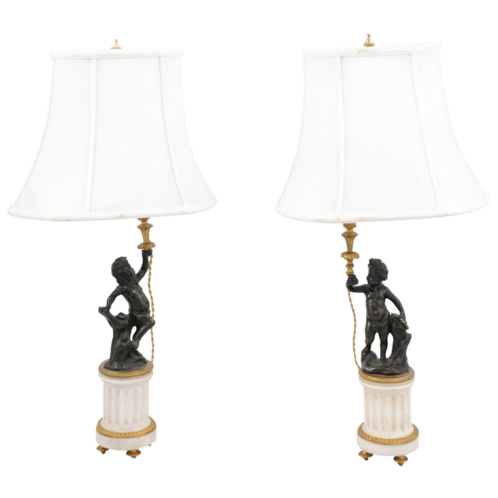 Pair of French 19th Century Neoclassical Style Marble and Bronze Putti Lamps For Sale
