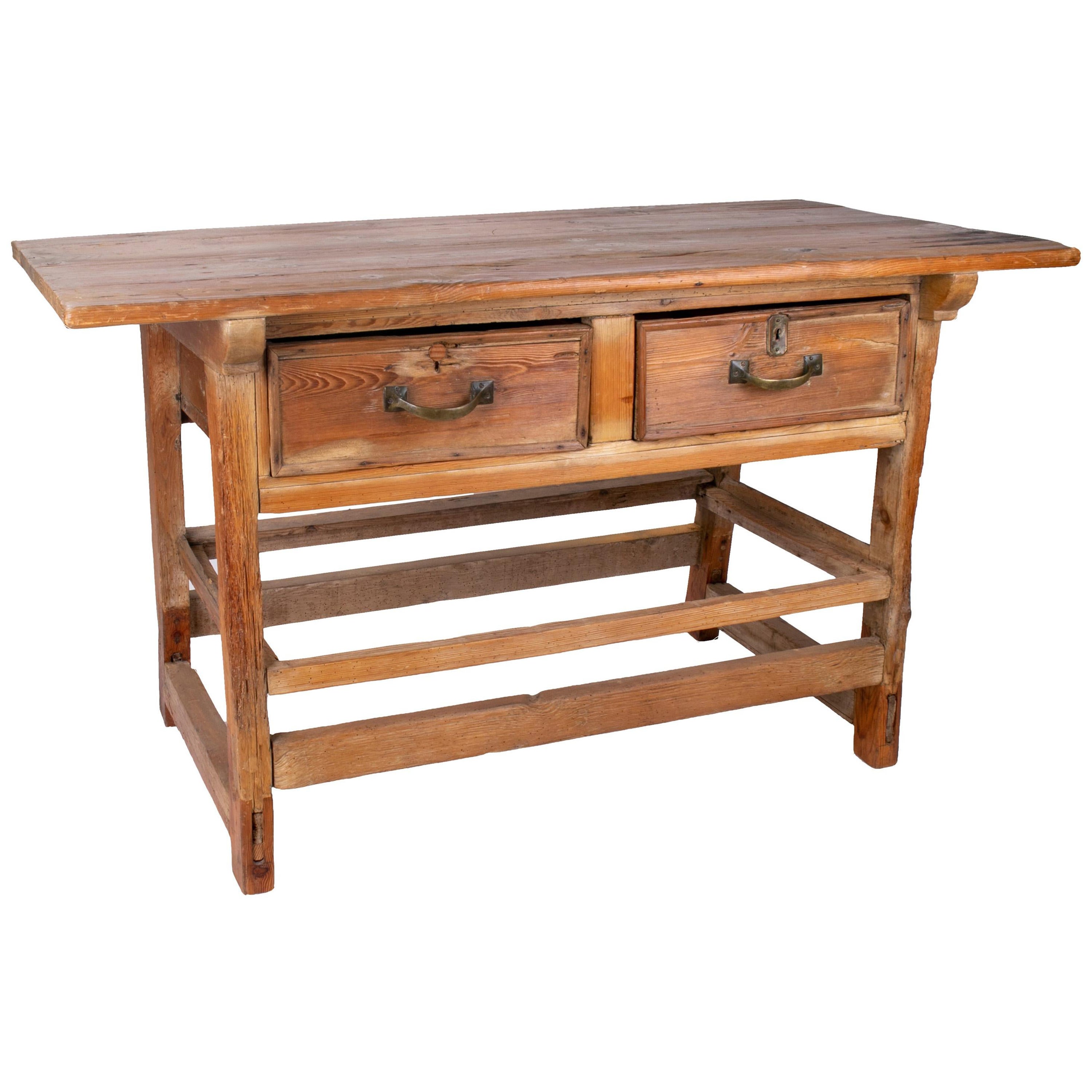 19th Century Spanish Two-Drawer Rustic Table with Iron Handles For Sale