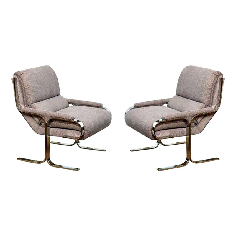 Stainless Steel Upholstered Lounge Chairs Attributed to Milo Baughman Vintage