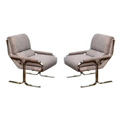 Stainless Steel Upholstered Lounge Chairs Attributed to Milo Baughman Vintage