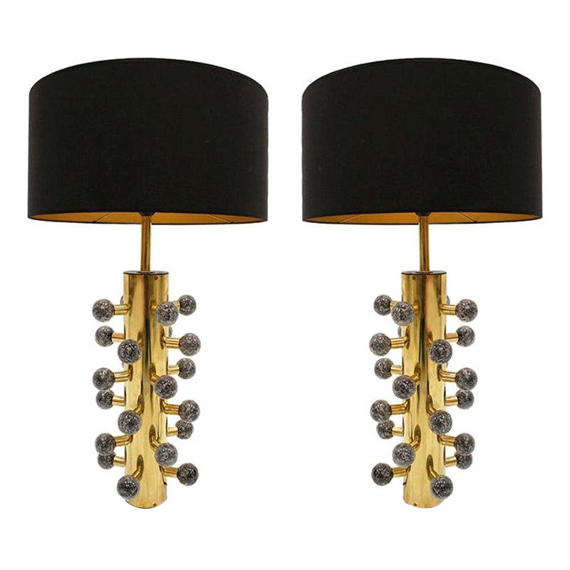 Pair of Contemporary Brass and Grey Couloured Murano Glass Table Lamps