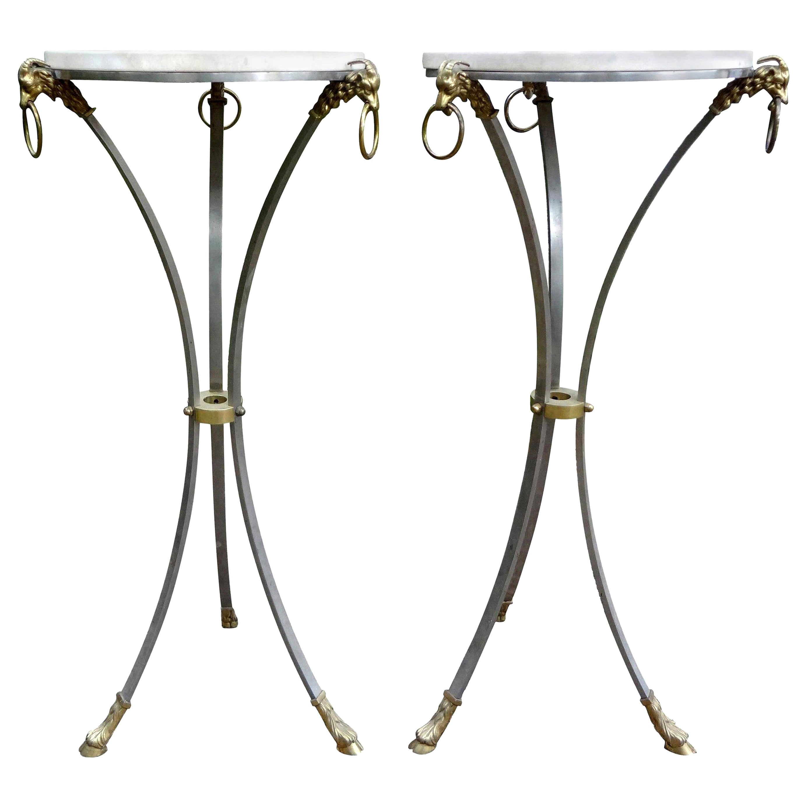 Pair of Italian Brushed Steel and Brass Pedestals with Travertine Tops For Sale