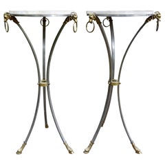 Vintage Pair of Italian Brushed Steel and Brass Pedestals with Travertine Tops