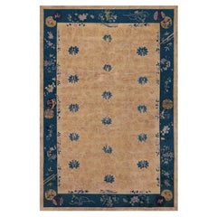 Handwoven Early 20th Century Navy & Camel Floral Wool Chinese Rug