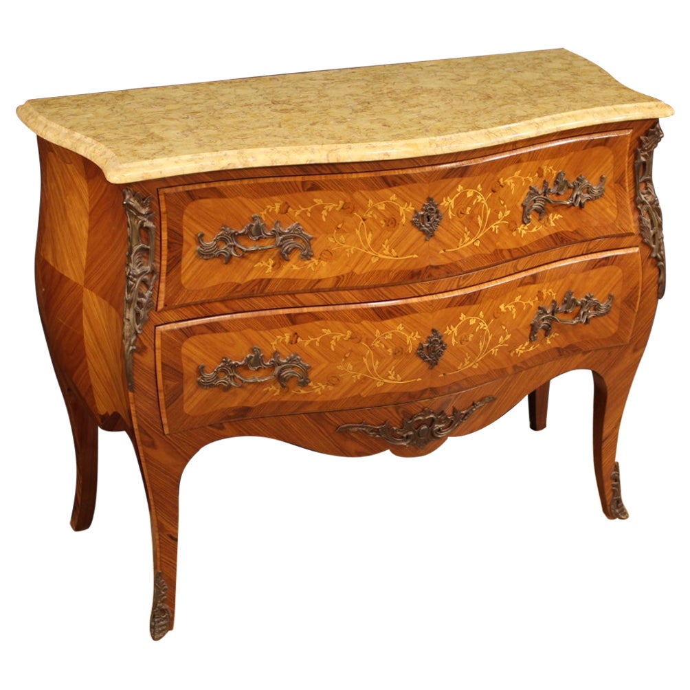 20th Spanish Dresser in Carved Wood with Marble Top and Four Drawers