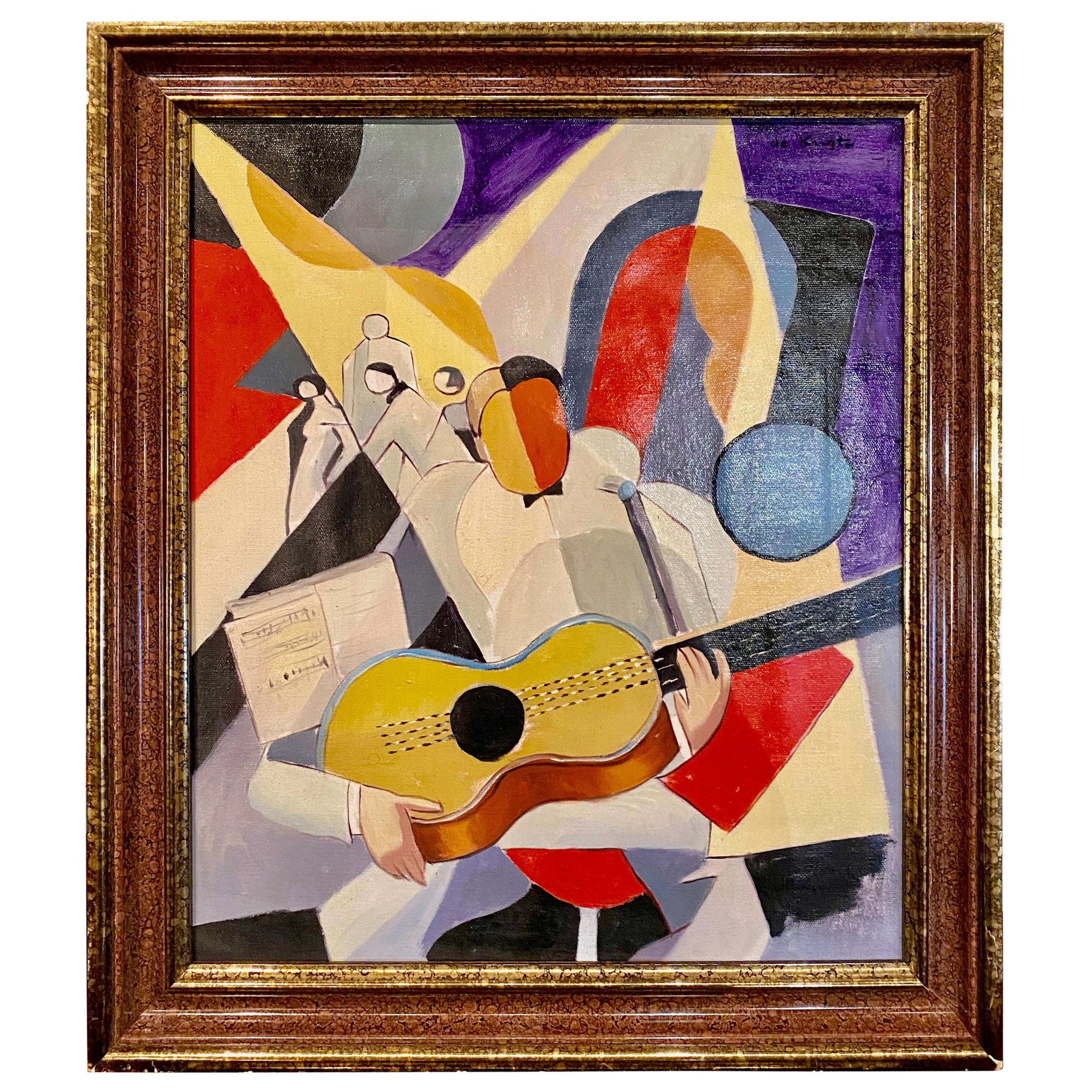 Bela De Kristo Art Deco Cubist Oil on Canvas Man Playing Guitar