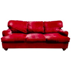 Used Henredon Custom Red Corduroy Three-Seat Down-Filled Sofa, Cranberry, CLEARANCE  