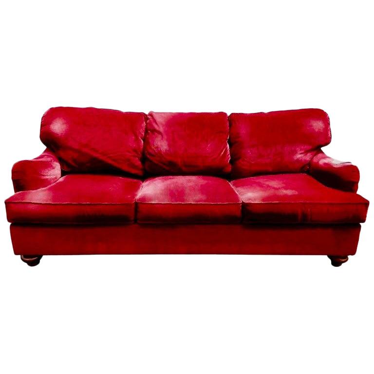 Henredon Custom Red Corduroy ThreeSeat DownFilled Sofa, Cranberry