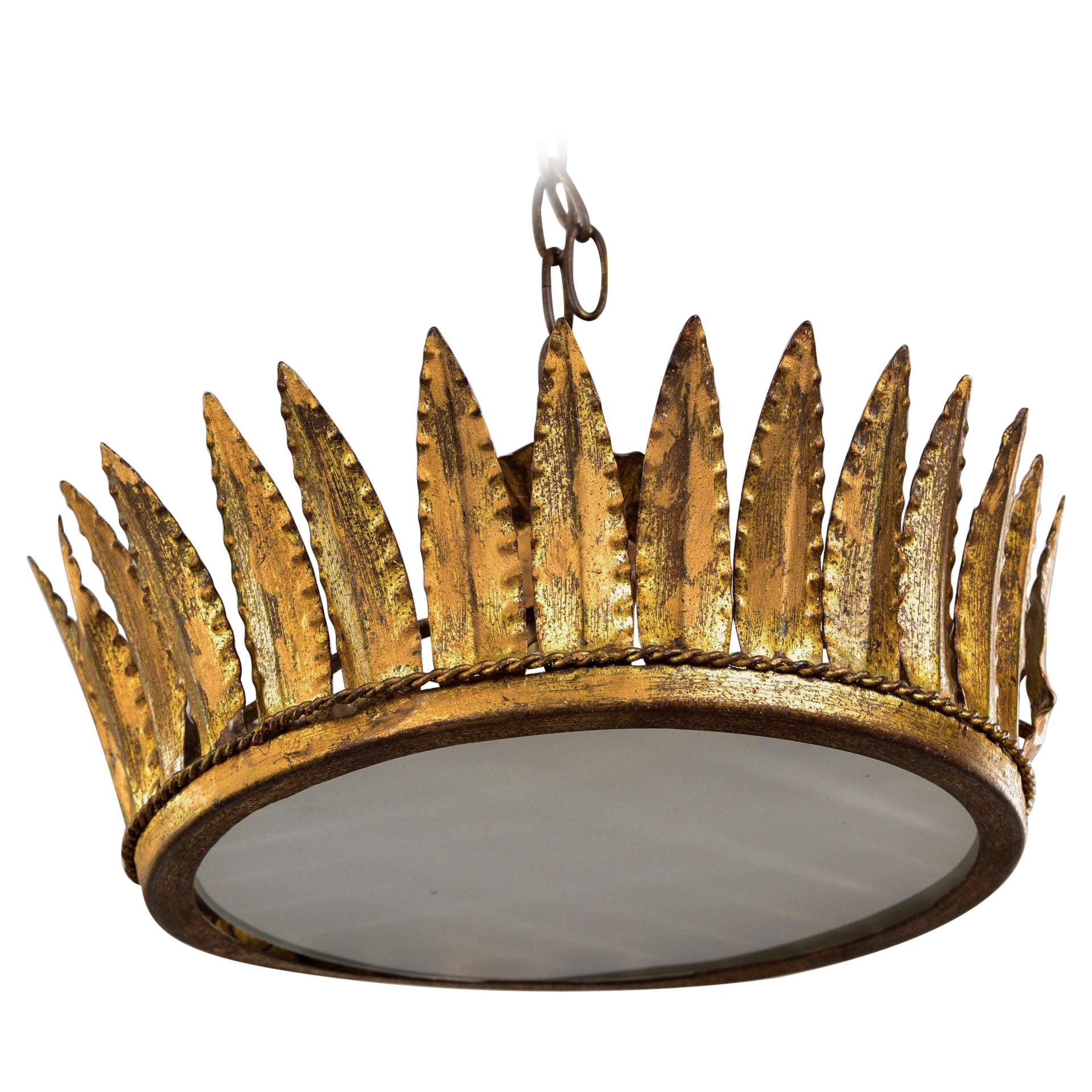 Spanish Gilt Metal Crown Ceiling Fixture For Sale