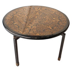 Vintage Mid-Century Modern Round Black Gold Aztec Motifs Center Table, Italy, 1950