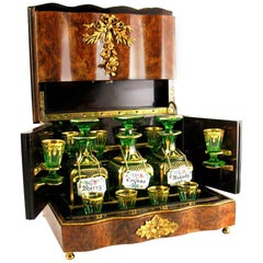 French, 19th Century Burr Walnut Decanter Box and Liqueur Set with Green Glass 4