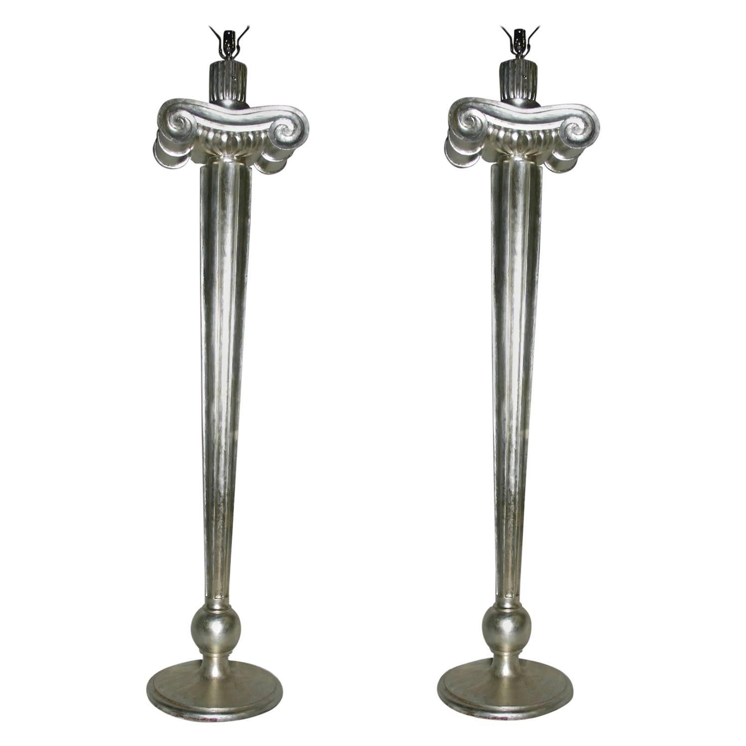 Pair of Large Neoclassic Silver Floor Lamps For Sale