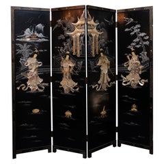 Antique Chinese Coromandel Black Lacquer Screen with White Mother of Pearl