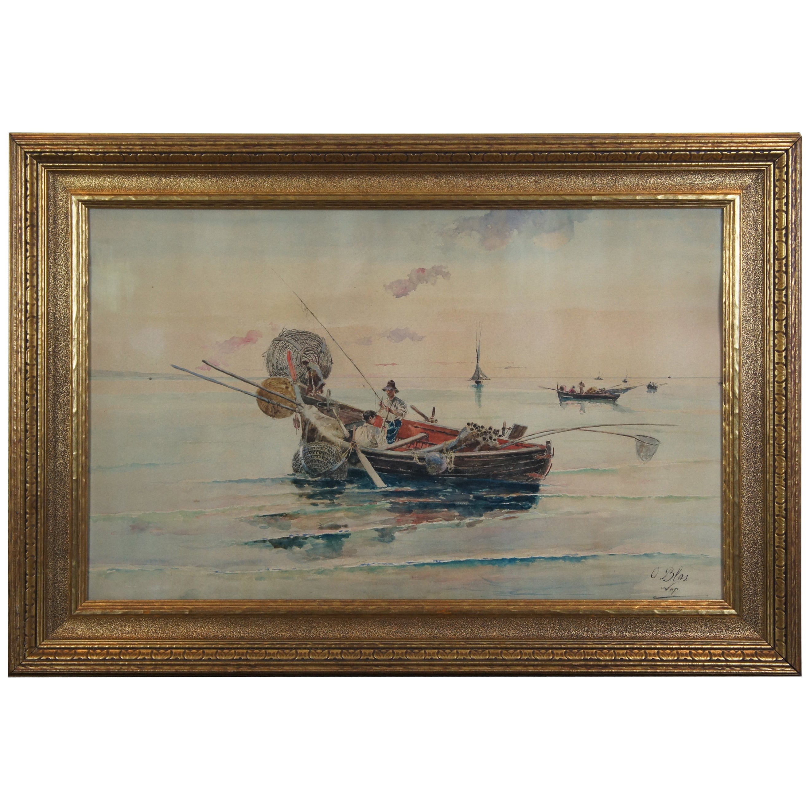 Antique Pair of Seascape Oil Paintings Fishing Boats, 19th Century For