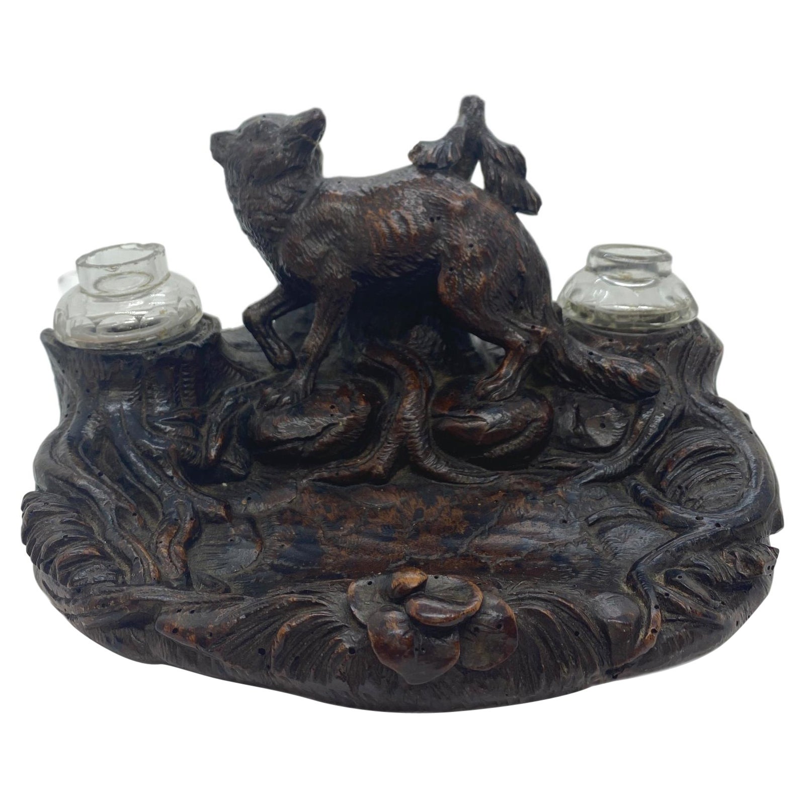 Black Forest Carved Ink Stand with Fox and Inkwells, Brienz, Switzerland c. 1880 For Sale