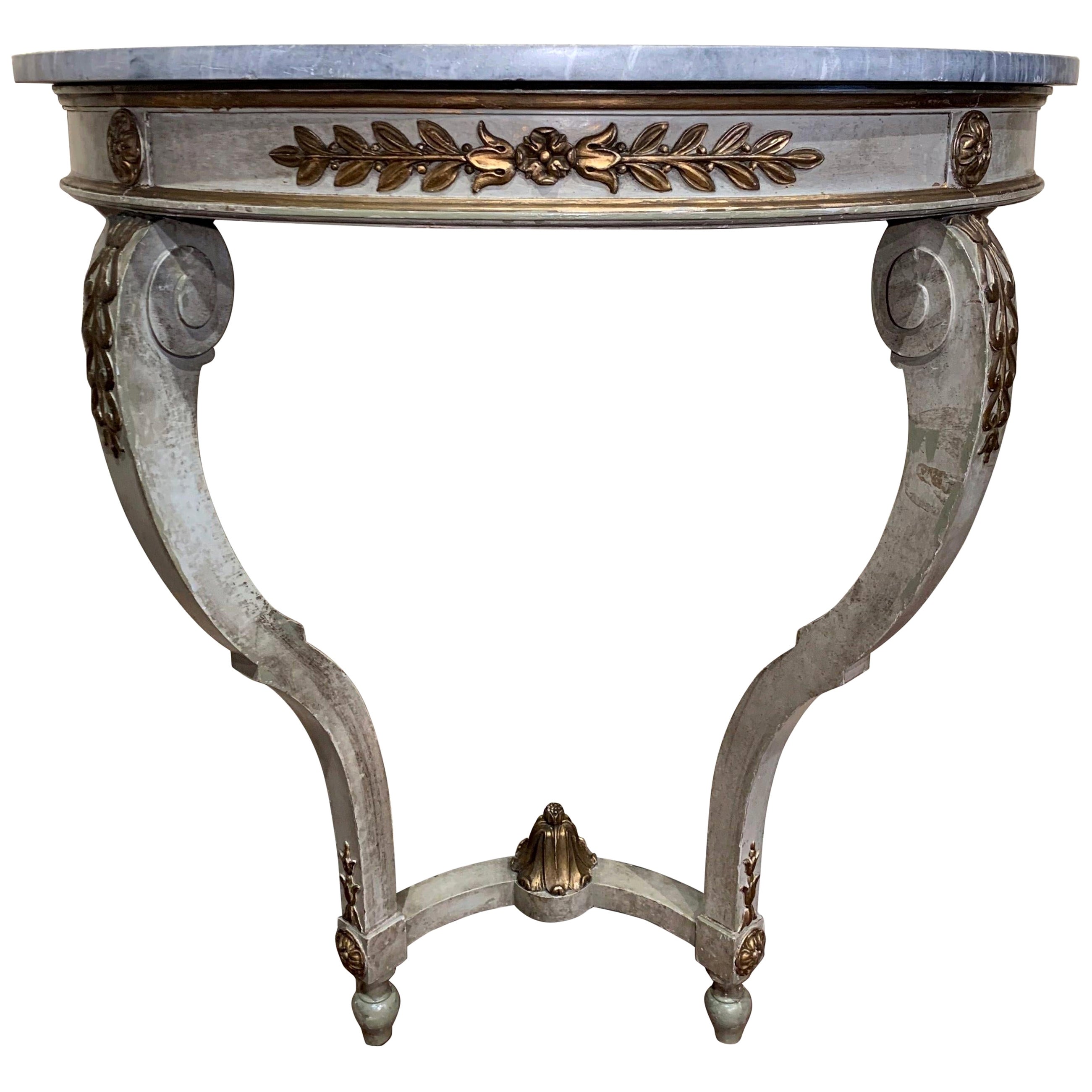 19th Century French Louis XV Painted Demi Lune Console Table with Marble Top
