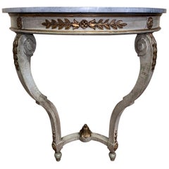 Antique 19th Century French Louis XV Painted Demi Lune Console Table with Marble Top