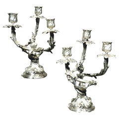 Très bonne paire de chandeliers en bronze argenté de style Louis XV, France Circa 1870