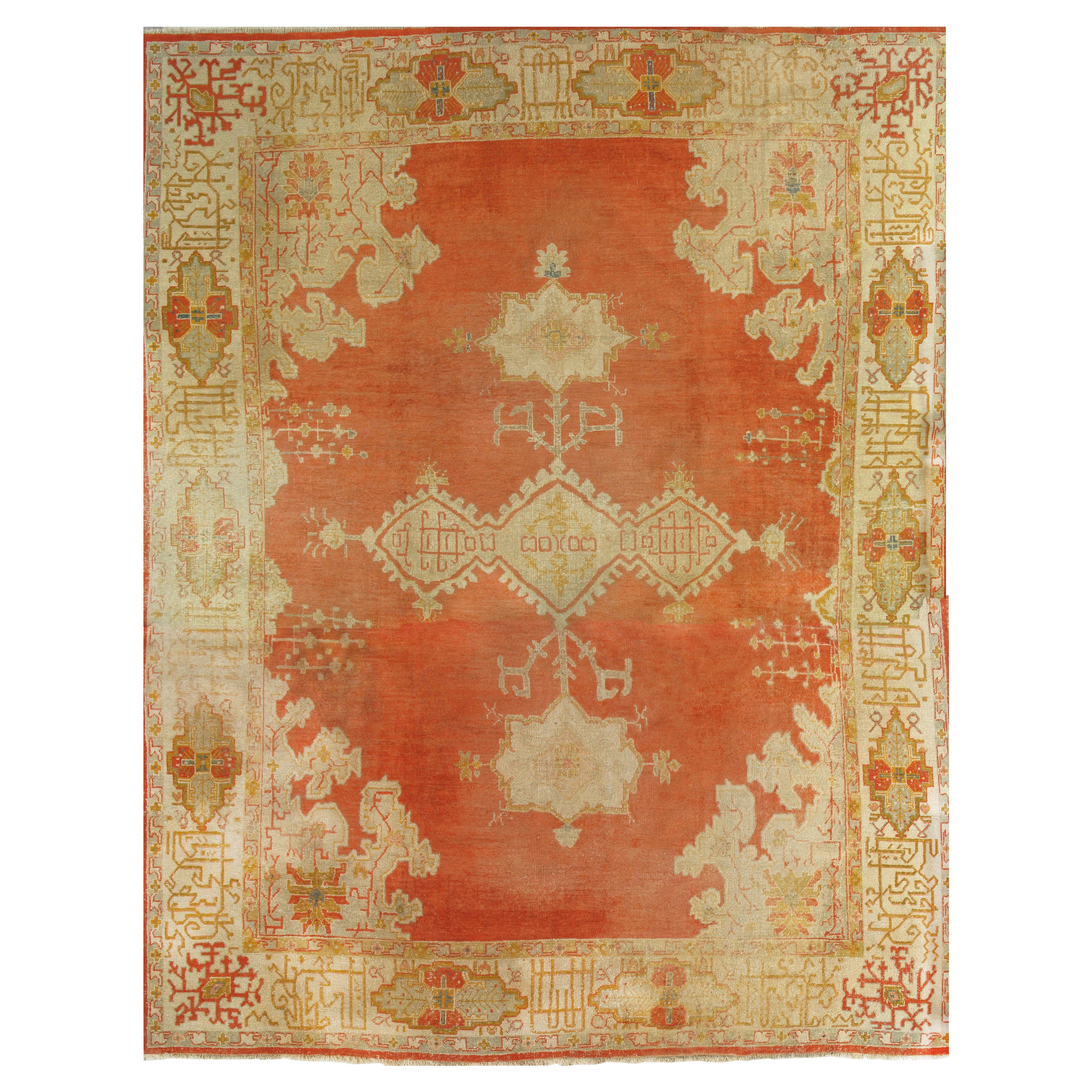 Antiker Oushak-Teppich, orientalischer Teppich, handgefertigter Teppich in Safran, Hellblau und Koralle im Angebot