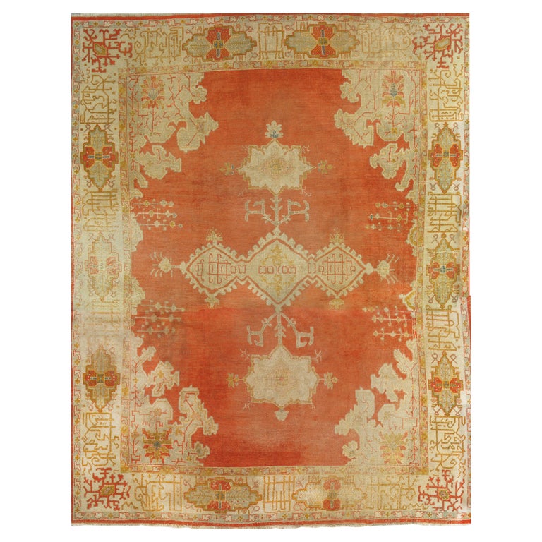 Antique Oushak Carpet, Oriental Rug, Handmade Rug Saffron, Light Blue and Coral For Sale at 1stDibs