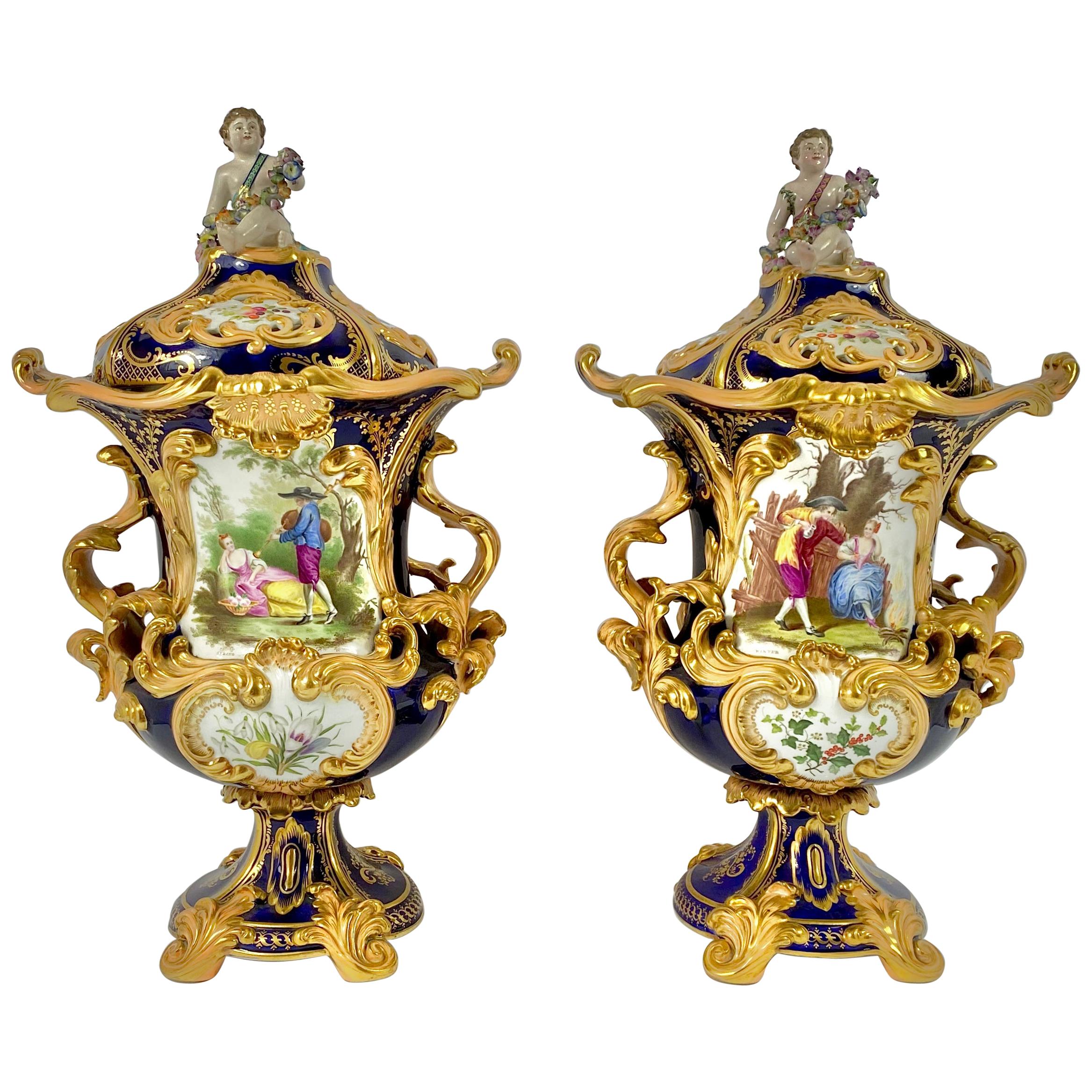 Fine pair Minton porcelain vases & covers, ‘Four Seasons’ c. 1830.