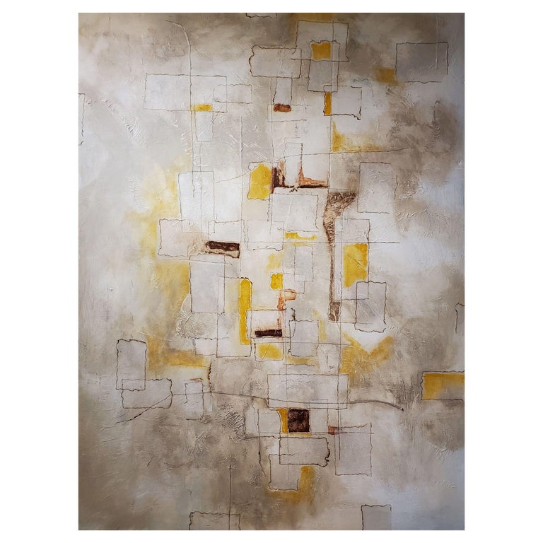 "Reflections" Abstract Yellow, Brown and Grey MixedMedia Painting on