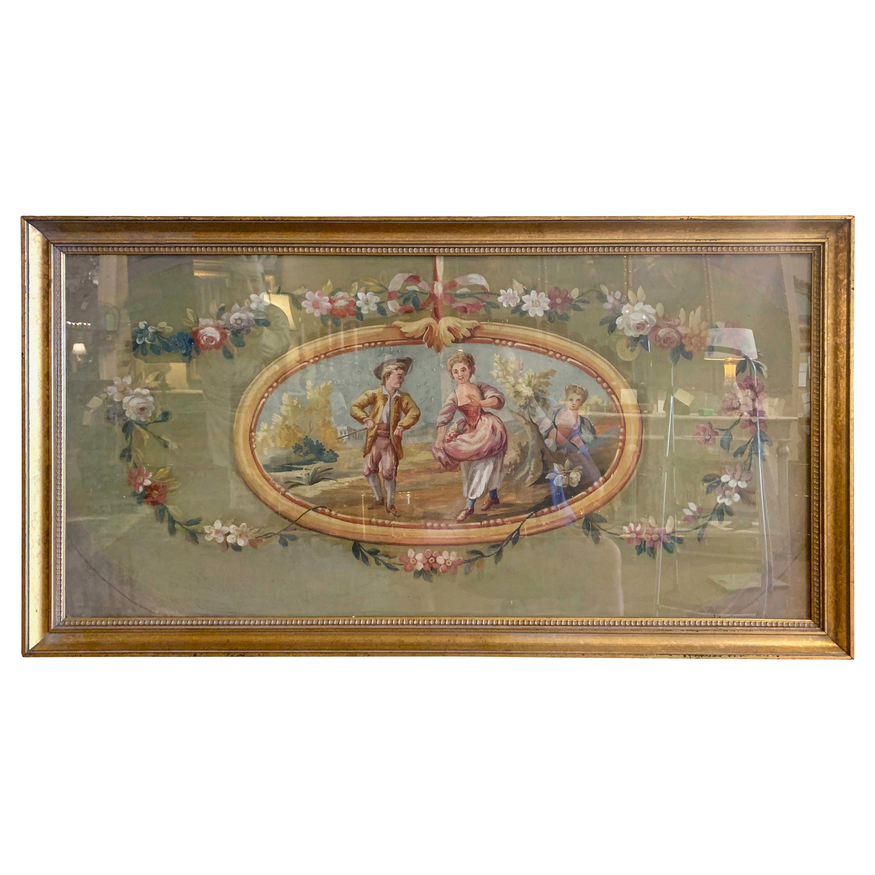 Aubusson francés del siglo XVIII Aguada sobre papel en marco dorado con cristal