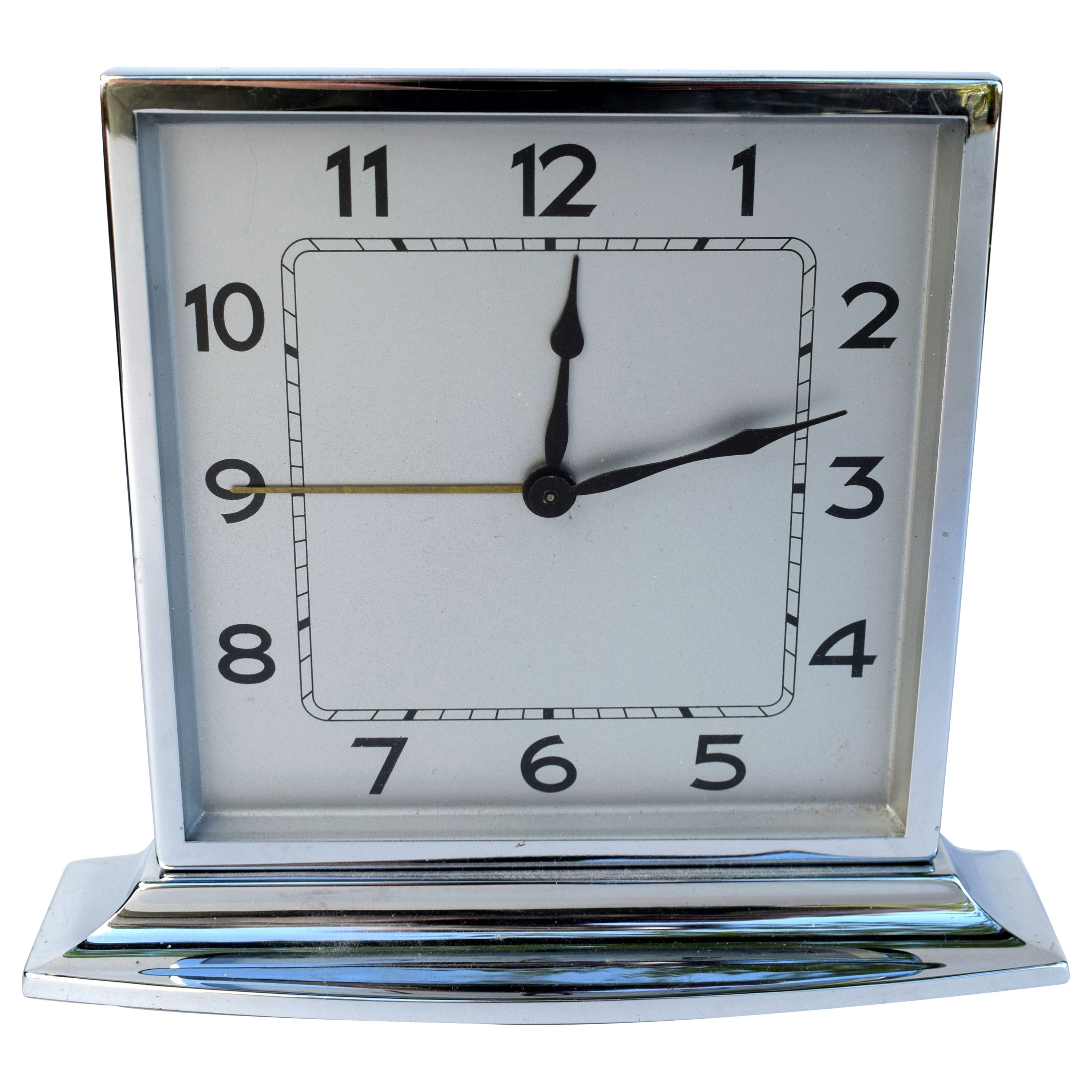 English Art Deco Chrome Rectangular Swivel Desk Clock by Perivale. at