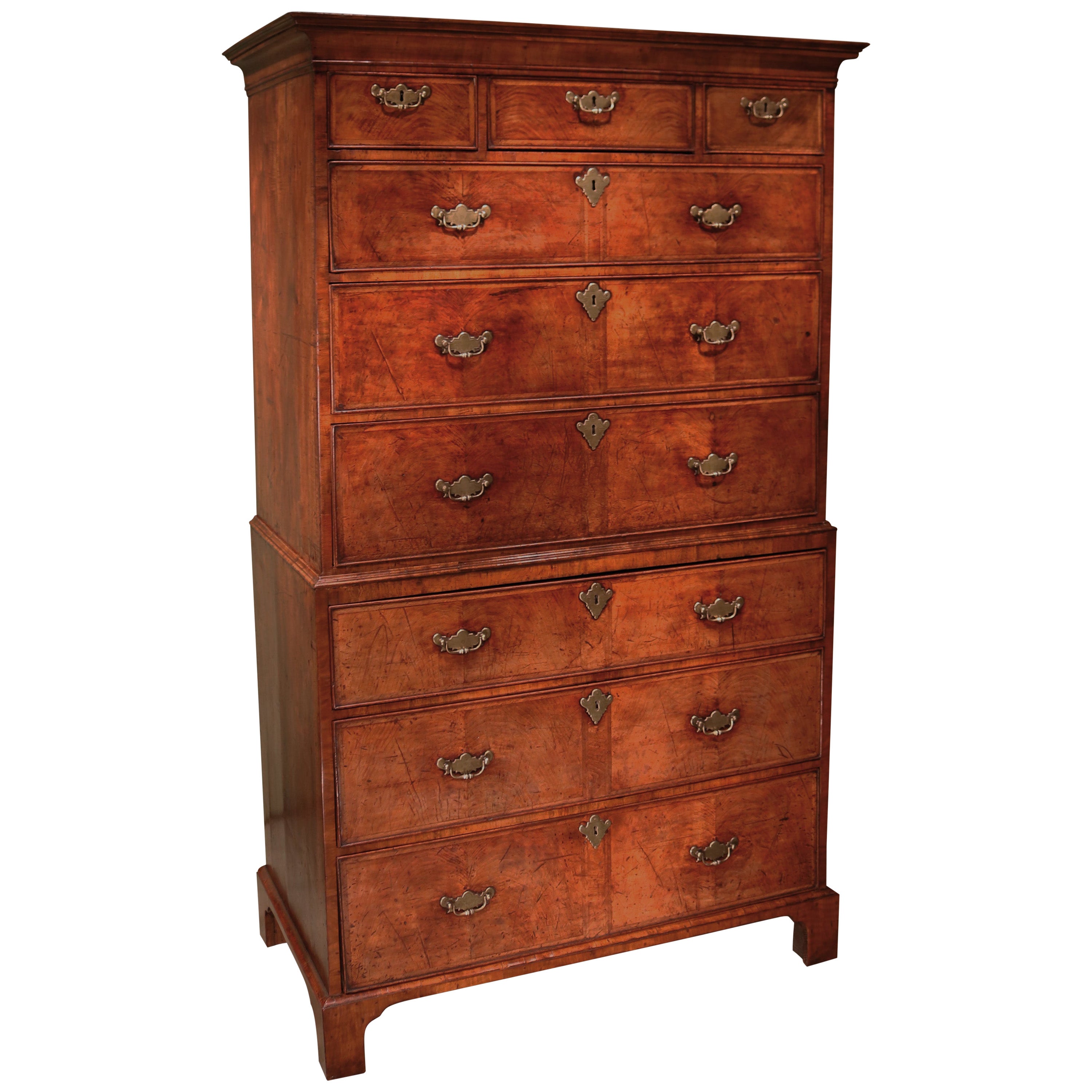 Antique Early walnut tallboy with chevron banding c.1730 For