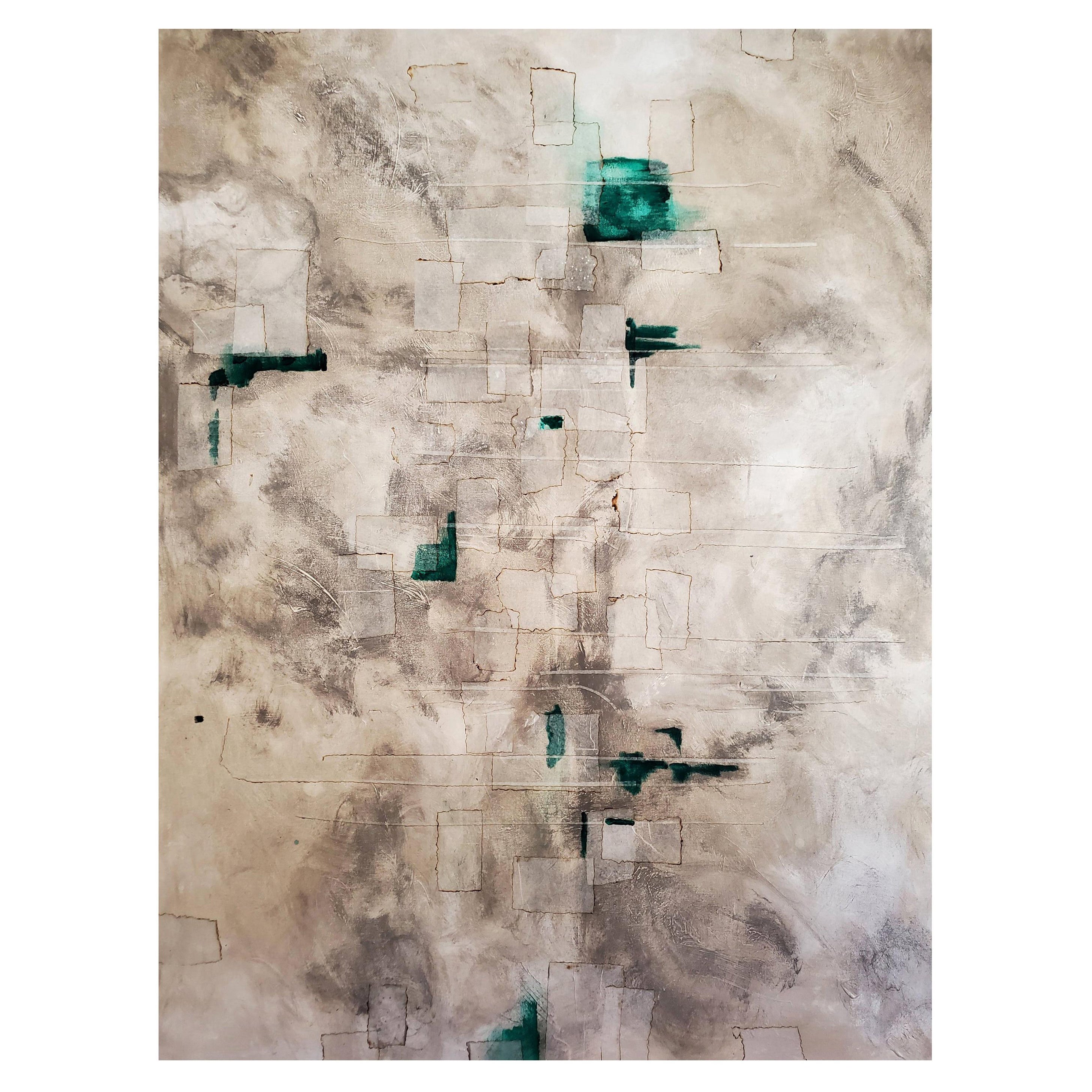 Abstraktes Gemälde „Archipelago“ in Mischtechnik in Grau und Teal auf Leinwand
