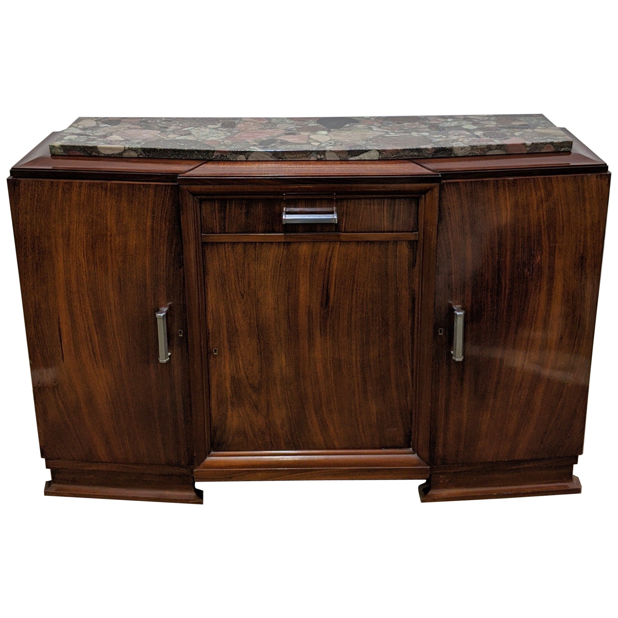 Spanish Art Deco Burl Walnut Credenza Buffet with Mirror For Sale at