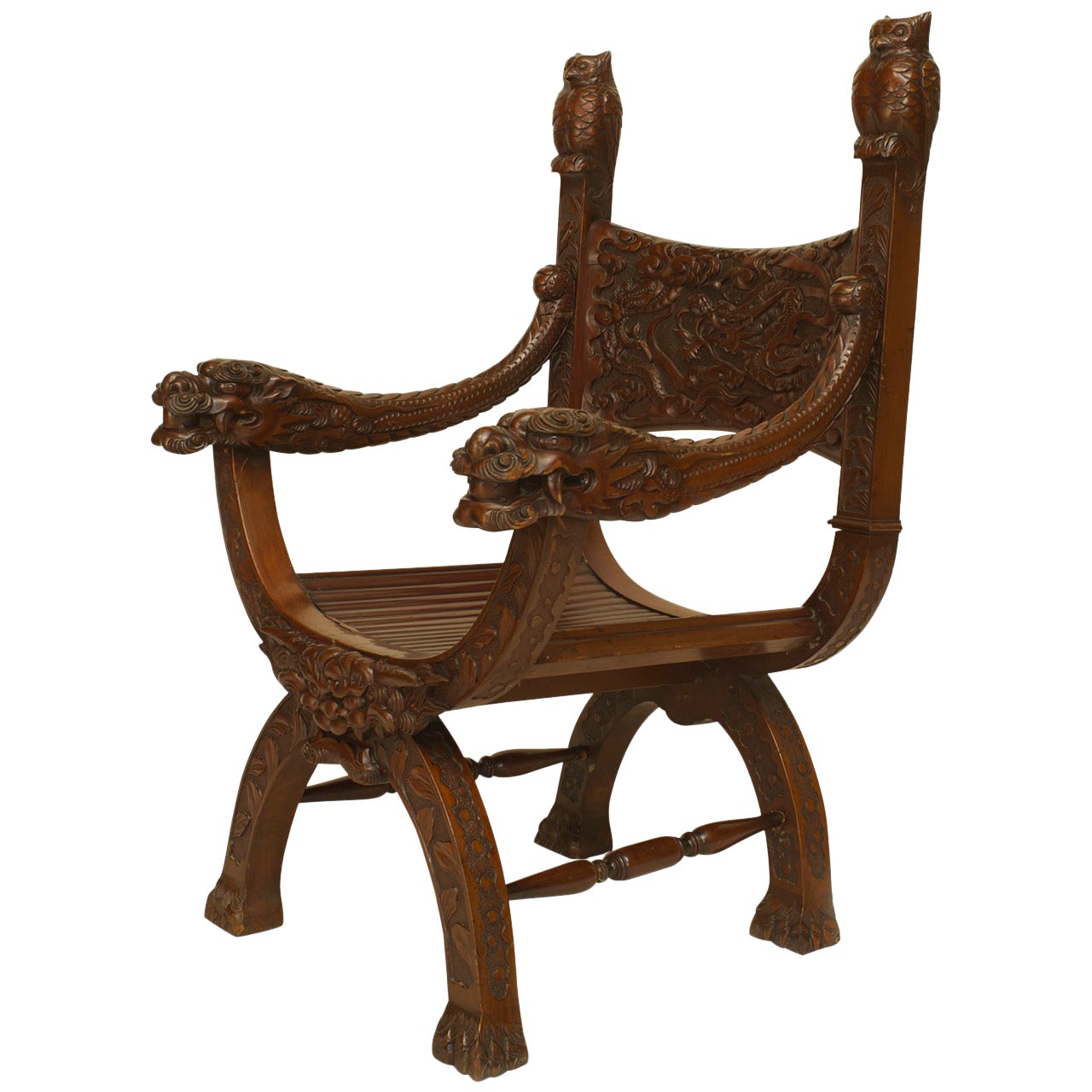 Japanese Carved Mahogany Arm Chair For Sale