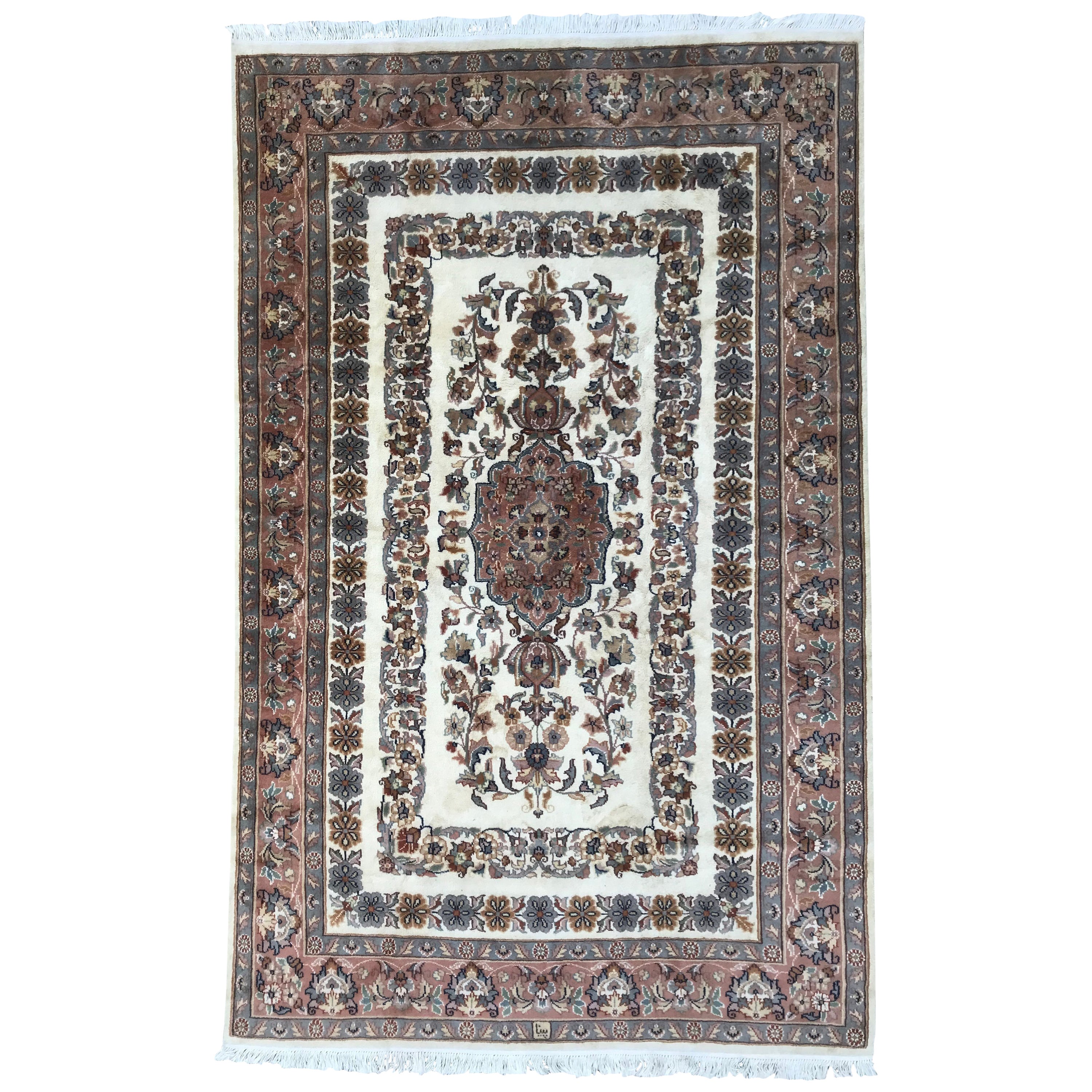 Vintage Lahore Kashmir Wool Rug Pair of Bedside Rugs Blue Green Turquoise Beige For Sale at 1stDibs