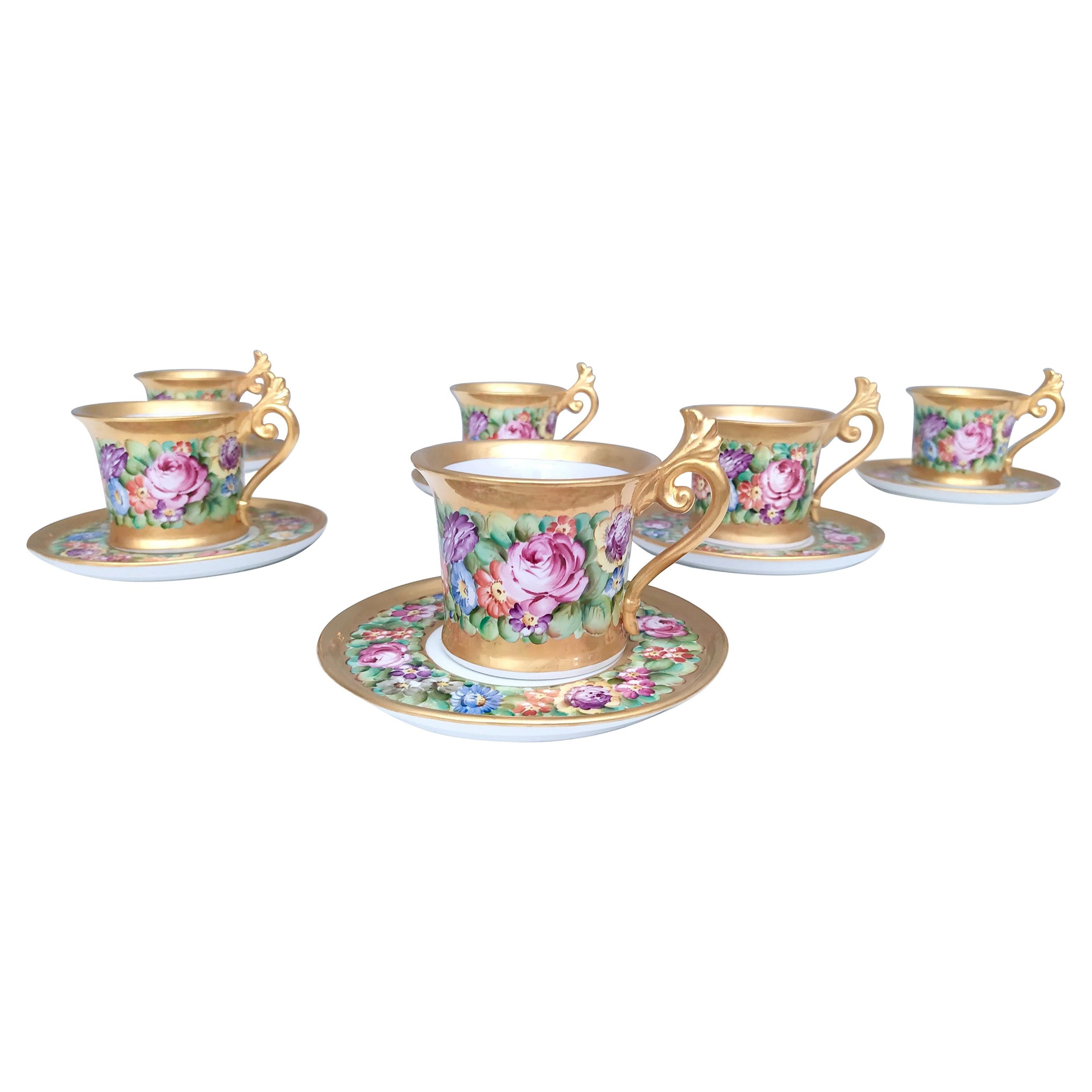 Juego de seis tazas de té/café de porcelana Capodimonte con motivos florales, Italia