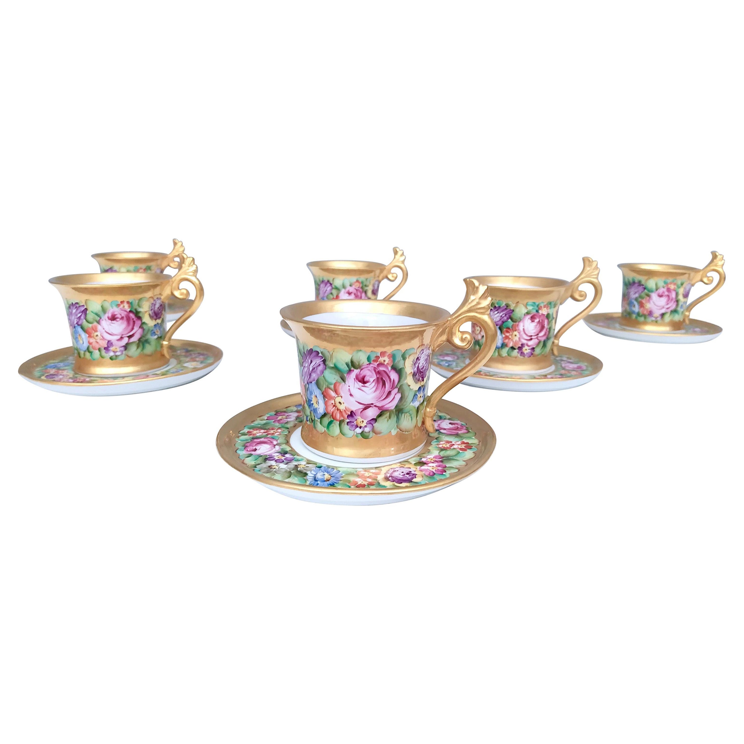 Set of Six Capodimonte Porcelain Tea /Coffee Cups with Floral Motifs, Italy For Sale