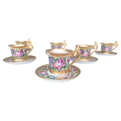Set of Six Capodimonte Porcelain Tea /Coffee Cups with Floral Motifs, Italy